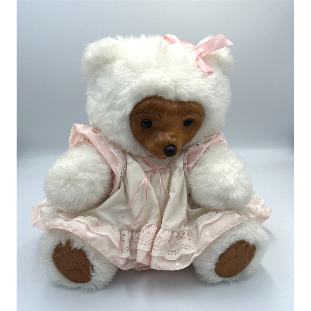 Vtg Robert Raikes Teddy Bear Wood Face Paws White Fur Pink Bow